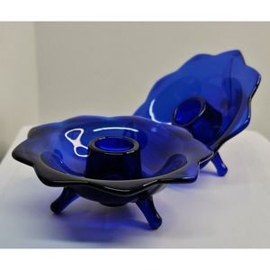 Pair Fenton Cobalt Blue Lotus Shaped Vintage Candle Holders With Three Legs